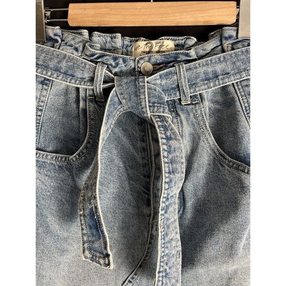 Free People We the Free Blue Denim Skirt Button Fly Raw Hem Distressed Belt 27 - Picture 2 of 10